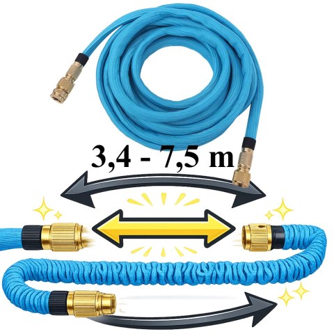 Wąż Ogrodowy Elestyczny Rozciągliwy 3,4-7,5m Złączki 1/2 3/4 Premium Mocny