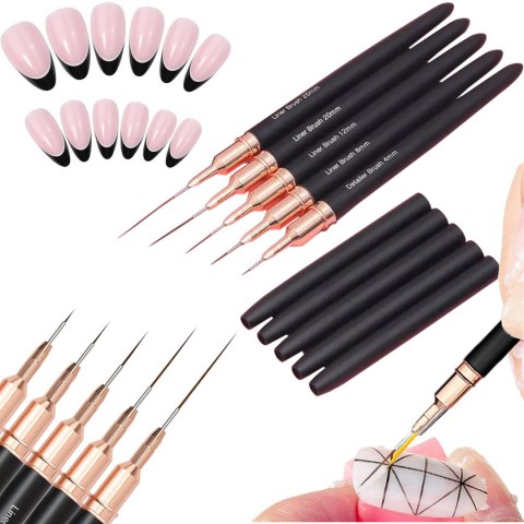ZESTAW PĘDZLI PĘDZELKÓW DO ZDOBIENIA PAZNOKCI MANICURE WZORKÓW HYBRYDA ŻEL