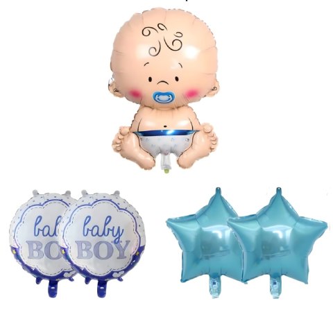 Balony na Baby Shower Bobas Chłopiec Baby Boy Zestaw 5 szt Gwiazdki Balon