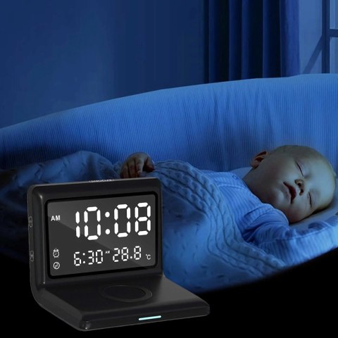 3w1 Zegar Budzik Cyfrowy Bezprzewodowa Ładowarka 15W Temperatura Lustro