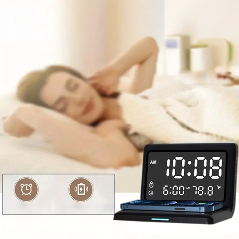 3w1 Zegar Budzik Cyfrowy Bezprzewodowa Ładowarka 15W Temperatura Lustro