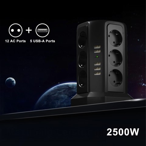 Listwa Zasilająca Stojąca Ochronna Odgromowa 12 Gniazd + 5 Portów Usb Reset
