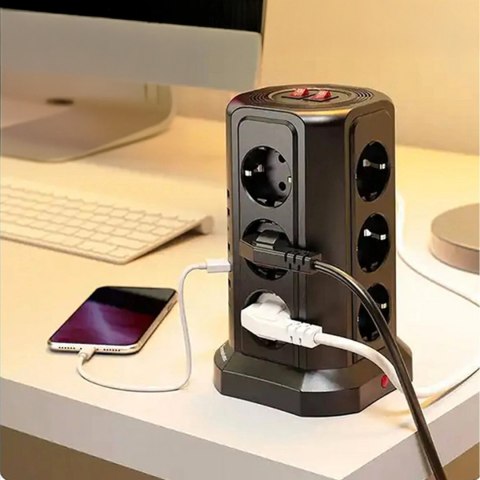 Listwa Zasilająca Stojąca Ochronna Odgromowa 12 Gniazd + 5 Portów Usb Reset