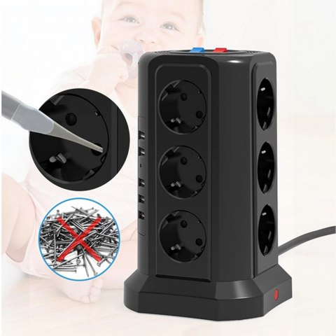 Listwa Zasilająca Stojąca Ochronna Odgromowa 12 Gniazd + 5 Portów Usb Reset