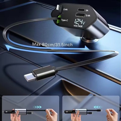 Ładowarka Samochodowa USB C IOS Przegub Zwijak 100W Szybkie Ładowanie 80 cm