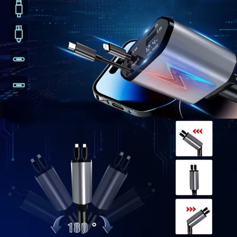 Ładowarka Samochodowa USB C IOS Przegub Zwijak 100W Szybkie Ładowanie 80 cm