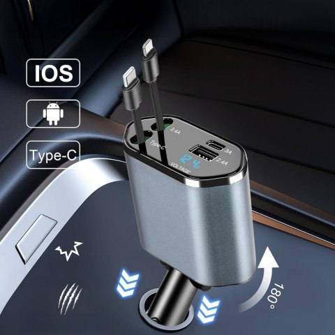 Ładowarka Samochodowa USB C IOS Przegub Zwijak 100W Szybkie Ładowanie 80 cm