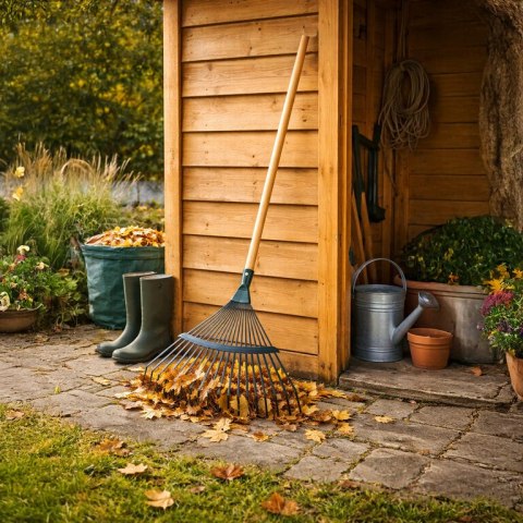 Grabie do Liści Trawy Wachlarzowe 42cm Ogrodowe z Trzonkiem Drewnianym 120cm