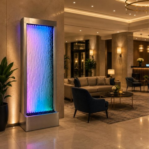 Fontanna Ściana Kaskada Wodna Ogrodowa Podświetlana LED Szklana 150x45cm
