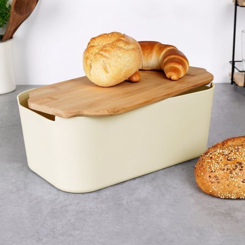 Chlebak VILDE Kremowy 33x18,5x12 cm z Bambusową Deską Pokrywą na Chleb