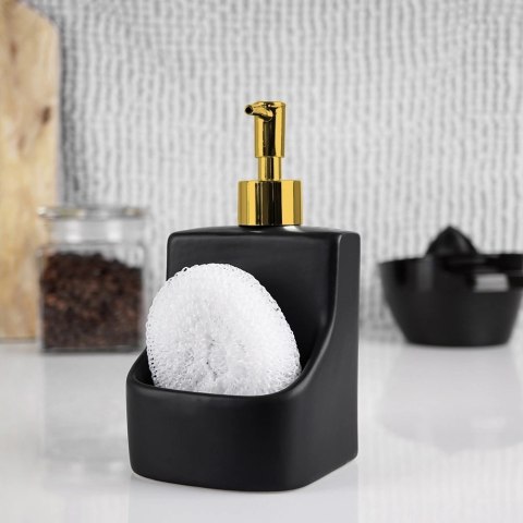 Dozownik do Naczyń Ceramiczny VILDE 400 ml z Gąbką, Czarny ze Złotą Pompką