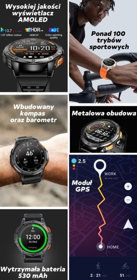 Smartwatch Męski GRAVITY GPS GT24-2 Czarny Pasek Silikonowy + Biały Pasek