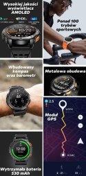 Smartwatch Męski GRAVITY GPS GT24-3 Czarny Pasek Silikonowy + Pomarańczowy